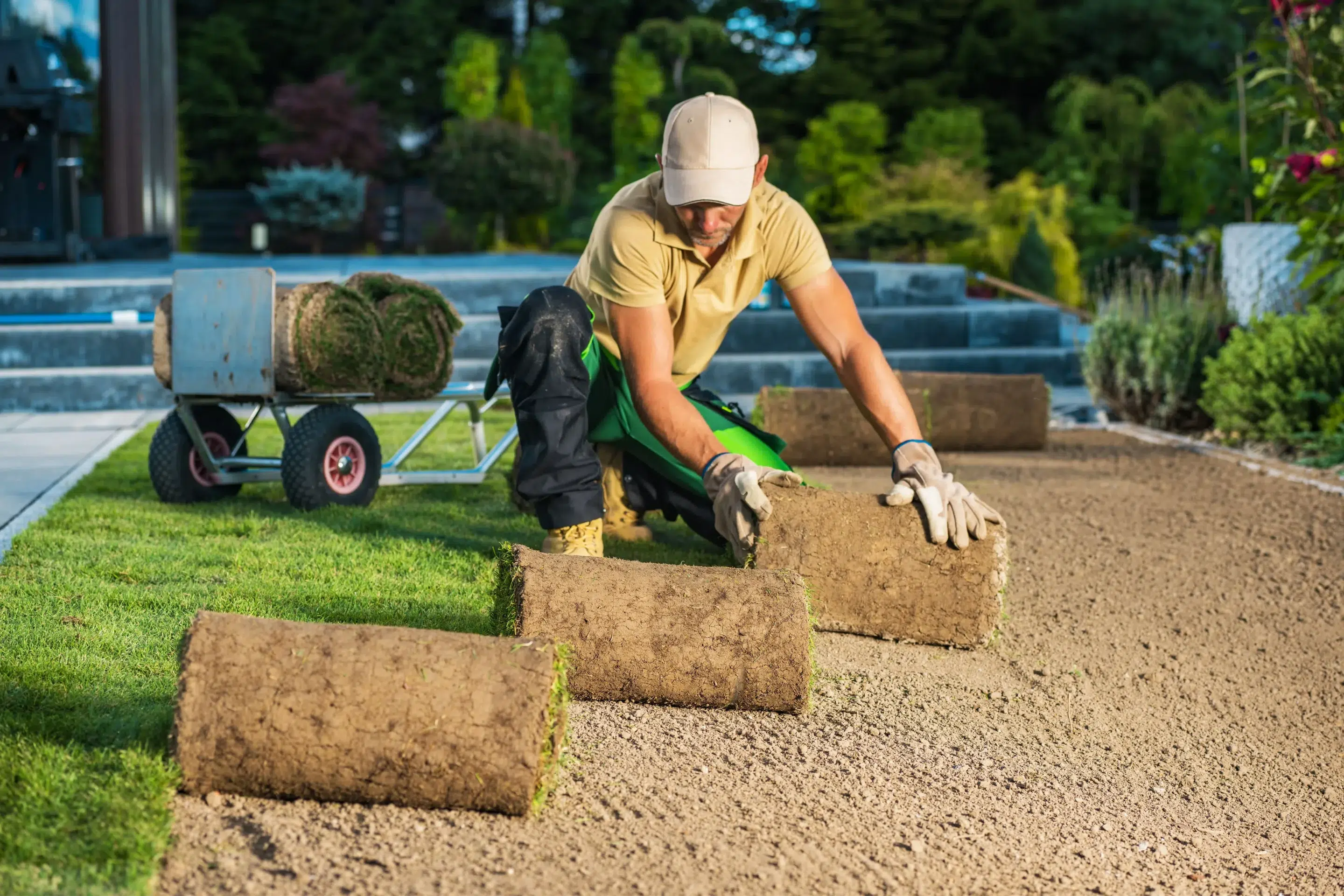 Fresh sod rolls ready for installation