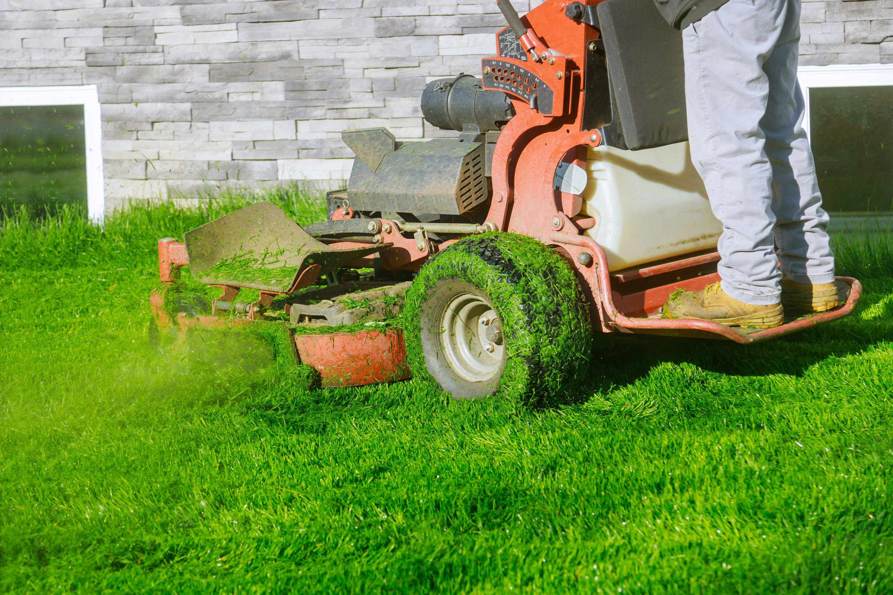 Close-up of a lawn mower on healthy green grass after maintenance
